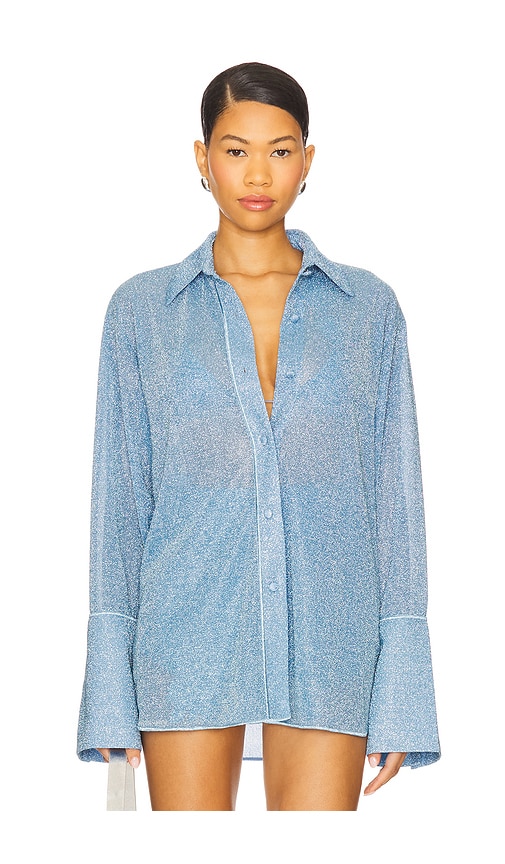 Oseree Womens Crystal Glazed Lumiere Long-sleeve Metallic Woven Shirt In Blue