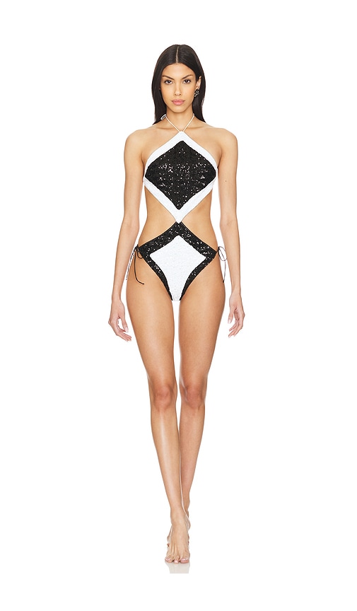 Oseree Paillettes Bicolor Diamond Maillot in Black & White