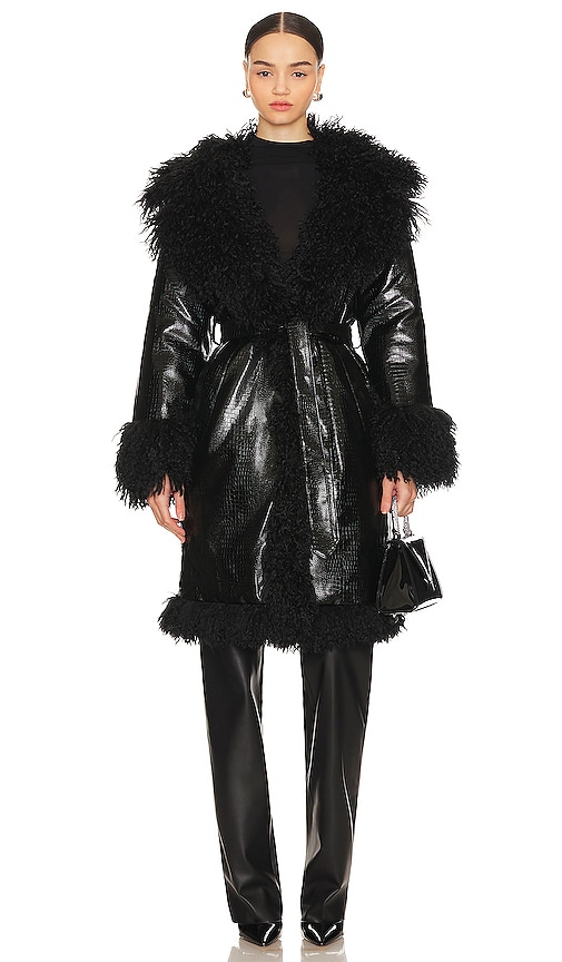 Shop Ow Collection Freya Faux Fur Coat In Black Caviar