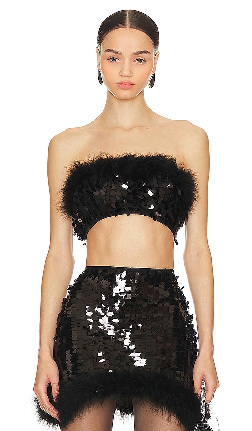 Shop Ow Collection Virgo Sequin Feather Top In Black