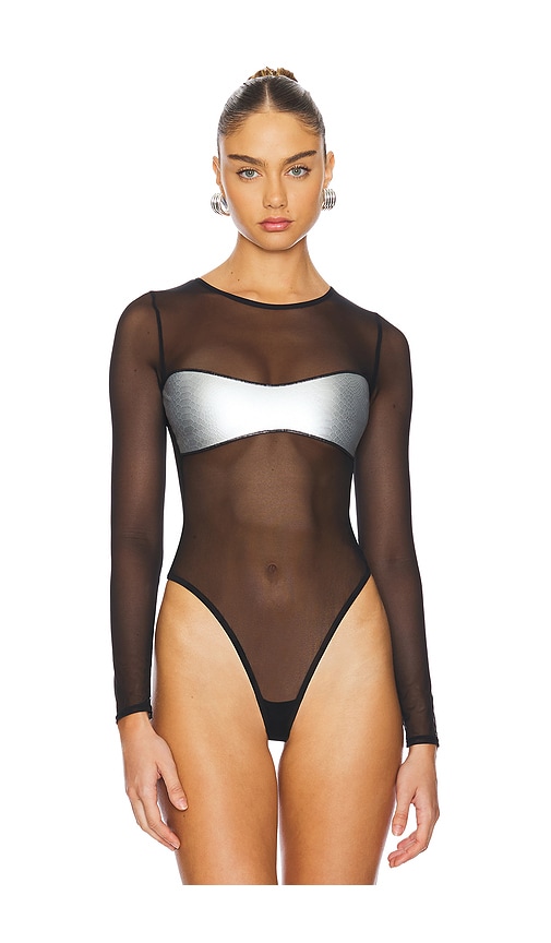 Shop Ow Collection Croc Mesh Bodysuit In Black