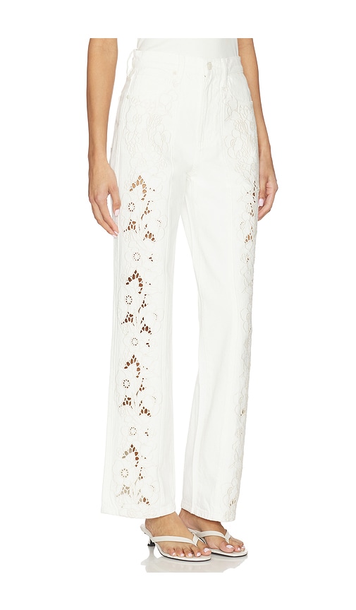 Paige Womens Tonal Ecru Embroidered Sawyer Embroided Wide-leg Denim Jeans In White