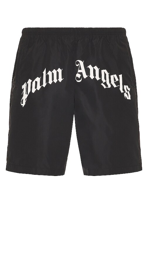 Palm Angels Curved Logo Swim Shorts in Black & White
