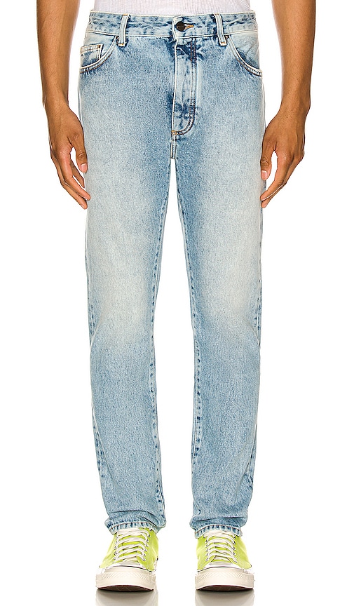 Palm Angels Back Logo 5 Pocket Jean in Light Blue | REVOLVE