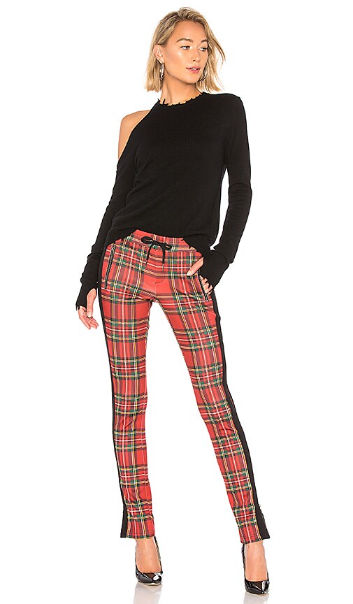 red tartan cigarette trousers