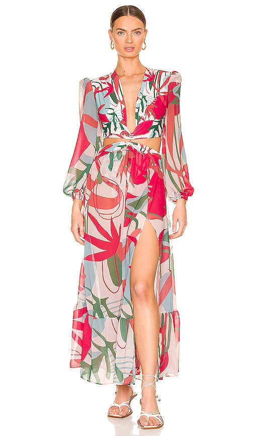 patbo pandola printed plunge maxi dress