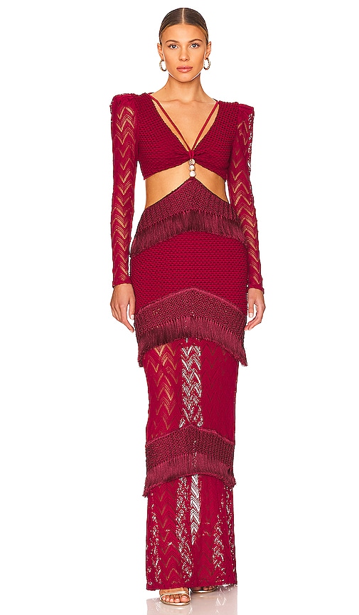 PatBO Fringe And Lace Long Sleeve Gown in Bordeaux | REVOLVE