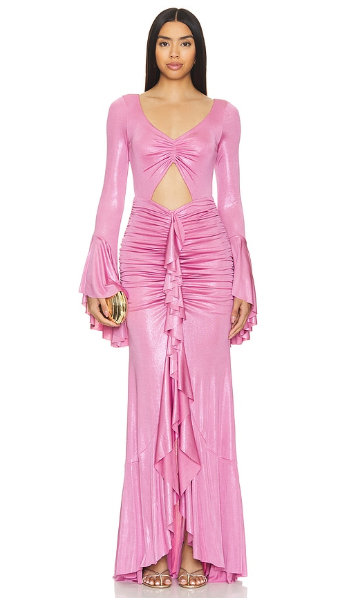 Shop Patbo Metallic Jersey Ruched Maxi Dress In Pink
