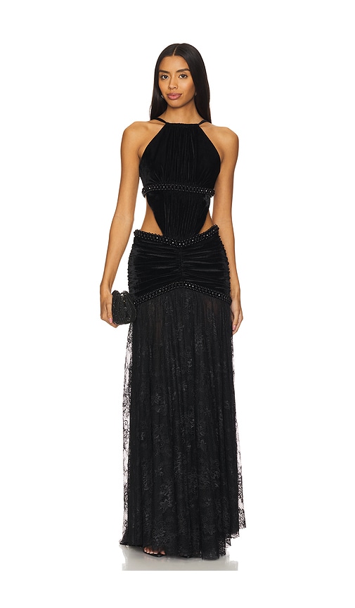 Patbo High Neck Velvet And Lace Gown In Black