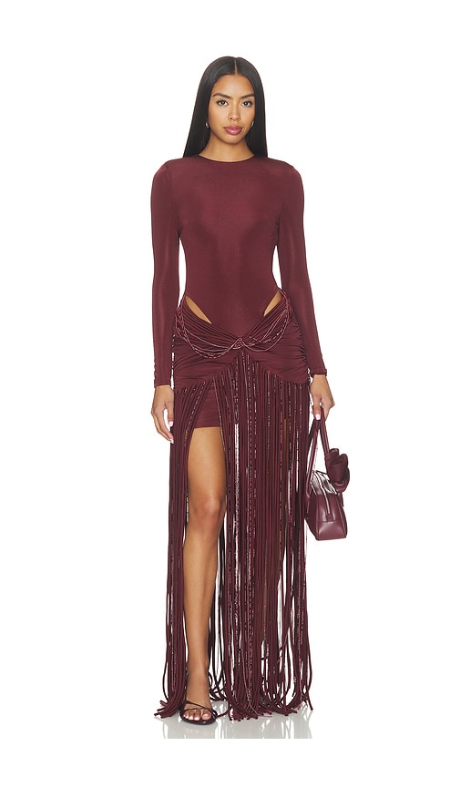Patbo Taffeta Tarsila Fringe Maxi Dress In Brown