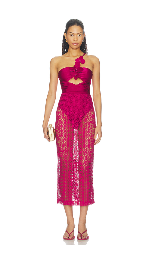 PatBO ROBE MI-LONGUE PETAL en Burgundy. Taille L. Also en S, M.