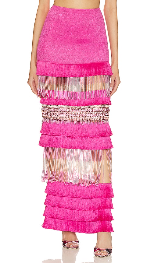 Patbo Hand Beaded Fringe Maxi Skirt In Pop Pink