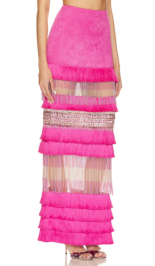 Shop Patbo Hand Beaded Fringe Maxi Skirt In Pink