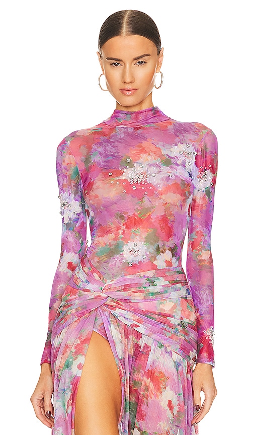 PatBO Hand Beaded Printed Bodysuit in Pink Multi