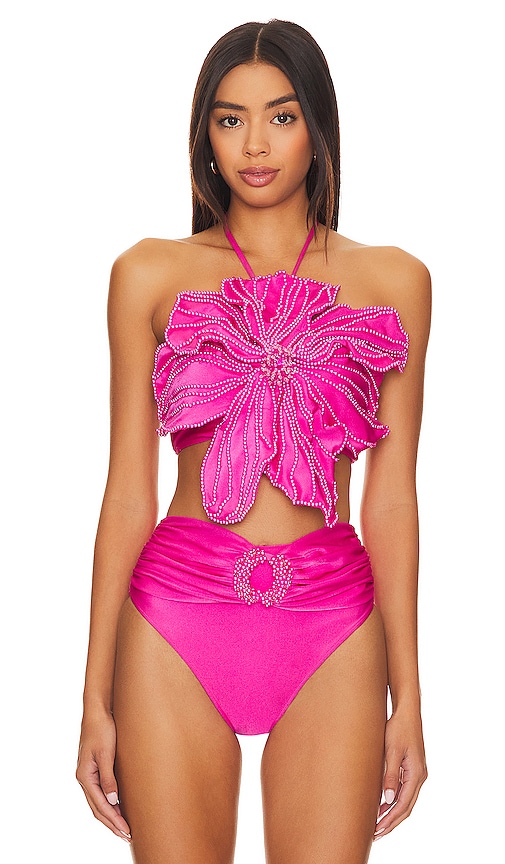 Patbo X Alessandra Ambrioso Beaded Flower Bikini Top In Flamingo