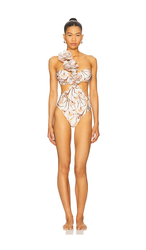 Botanic Retro Flower Applique One Piece in White. - size L (also in M) - PatBO - Modalova