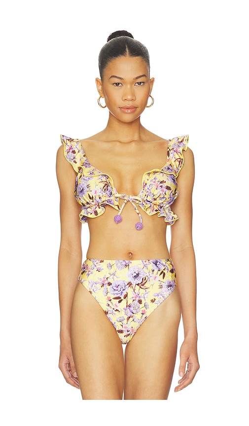 PatBO Peony Print Ruffle Bikini Top