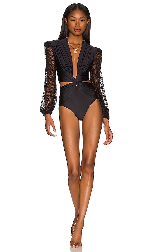Shop Patbo Plunge Netted Sleeve Swimsuit In Black