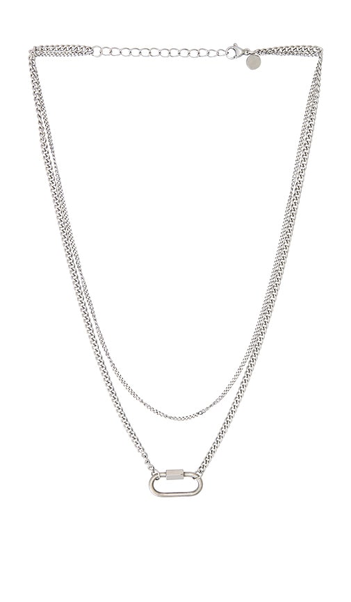 Layered Carabiner Necklace in Metallic Silver.
