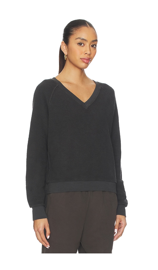Perfectwhitetee Zuri Reverse Fleece V Neck Sweatshirt In Black