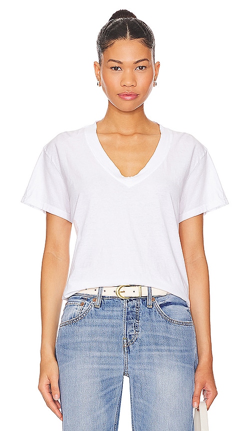 perfectwhitetee Cotton Boxy V Neck Tee in White | REVOLVE