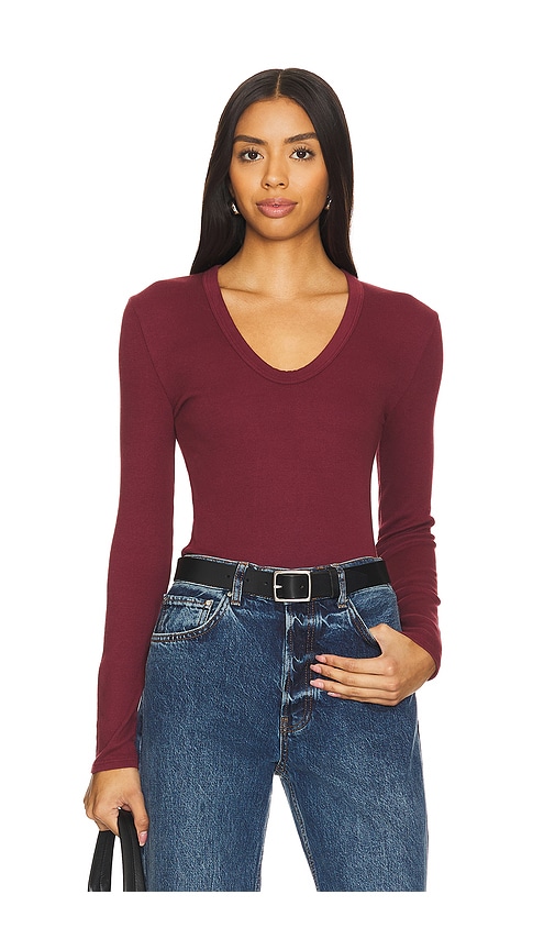 Perfectwhitetee Luxe Rib Long Sleeve U Neck Top In Cranberry