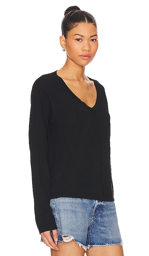 Shop Perfectwhitetee Long Sleeve Cotton Boxy V Neck Tee In True Black