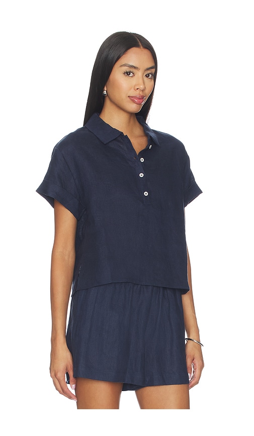 Perfectwhitetee Linen 1/4 Button Down Collared Tee In Blue