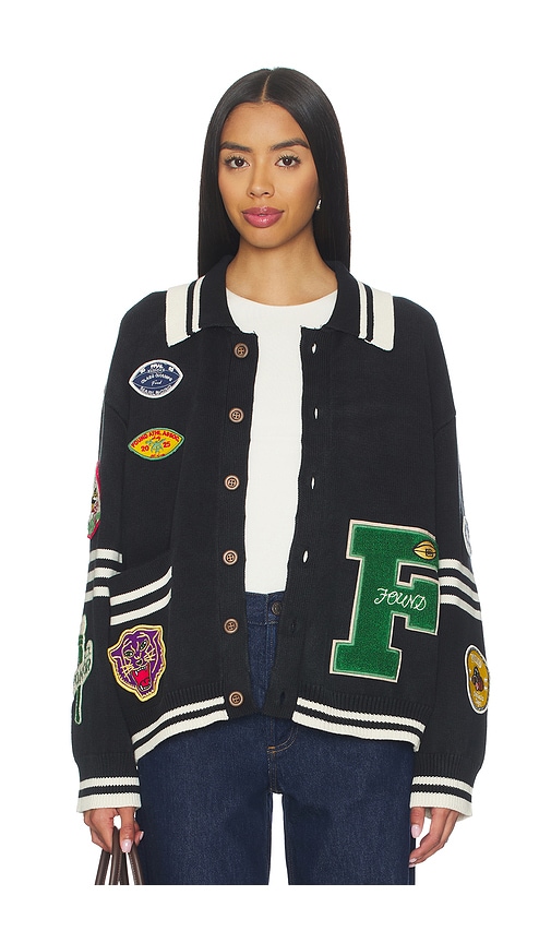 Found Varsity Patch Collared Cardigan In Black