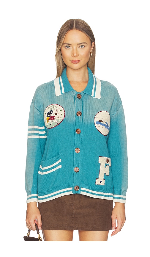 Found Varsity Patch Collared Cardigan In Blue