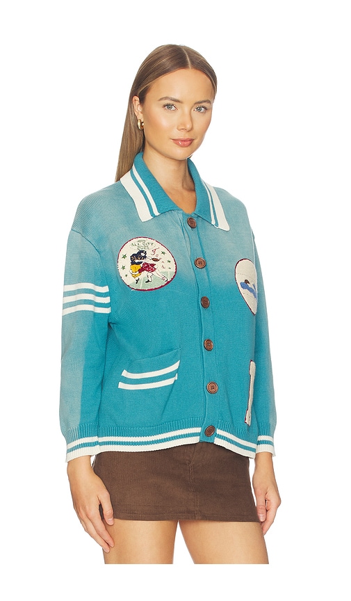 Found Varsity Patch Collared Cardigan In Blue
