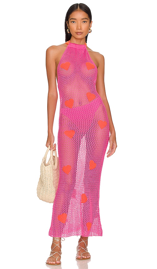 Pitusa Crochet Hearts Halter Dress in Hot Pink