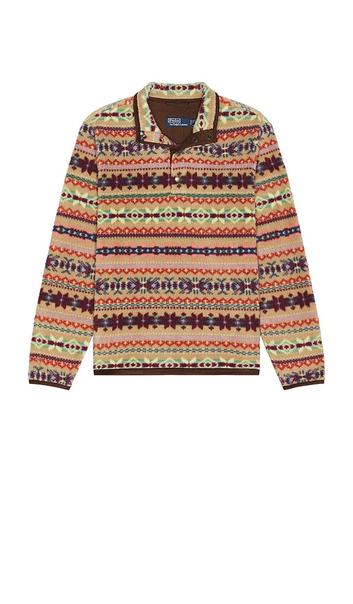  Polo Ralph Lauren Long Sleeve Printed Vintage Fleece Snap Mockneck Pullover In Brown. Size S. Also In L, Xl/1x. 