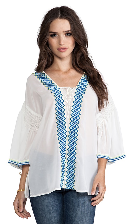 Embroidered Flutter-Sleeve Peasant Blouse