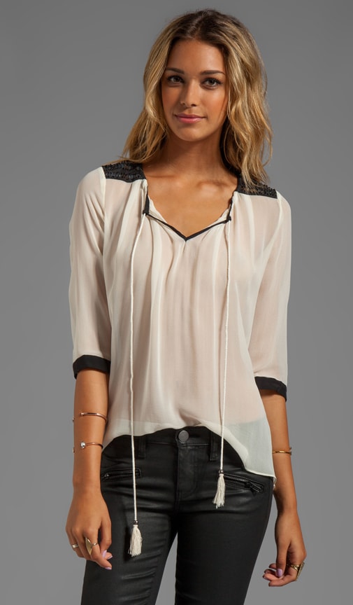 Silk Embellished Soft Solids Contrast Peasant Blouse