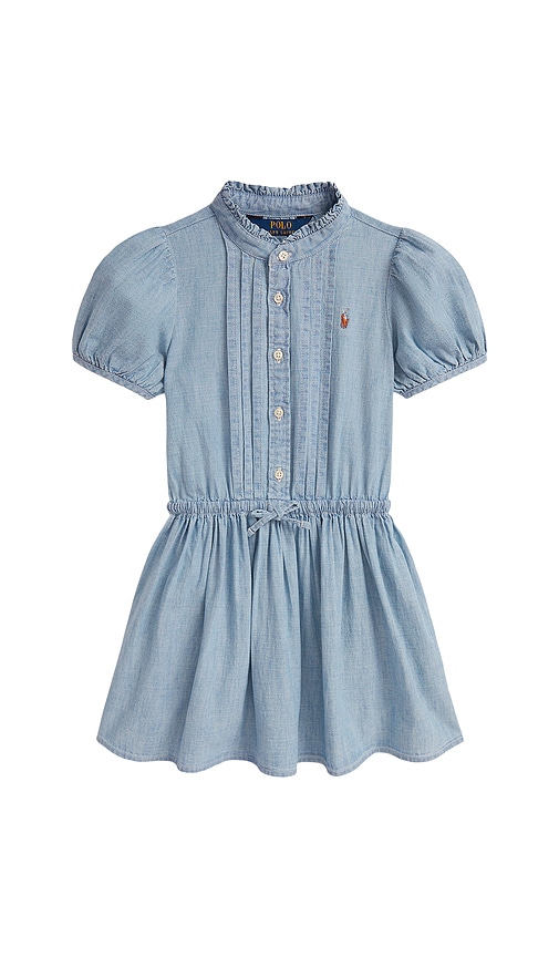Polo Ralph Lauren Kids Short Sleeve Cotton Chambray Ruffle Dress With Tie Waist