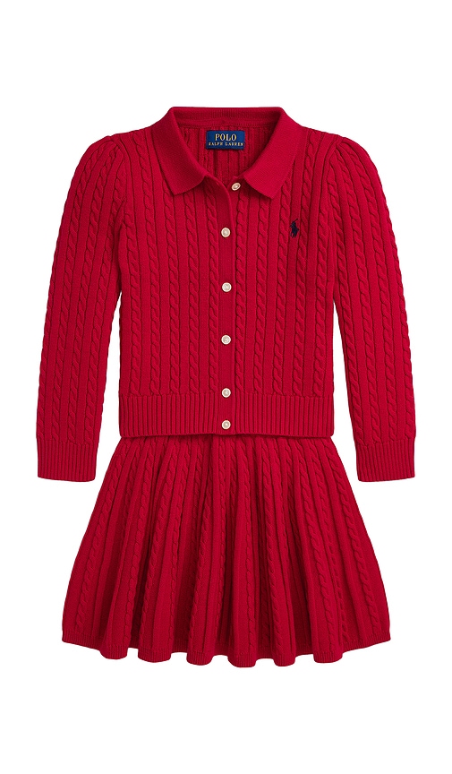 Polo Ralph Lauren Long Sleeve Cable Knit Cardigan With Skirt In Red