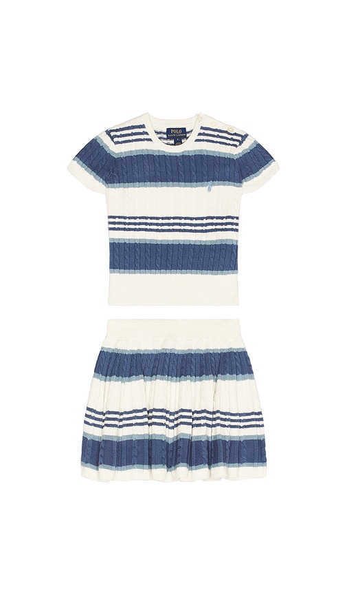Polo Ralph Lauren Short Sleeve Cotton Mini Cable Knit Striped Shirt With Skirt in Deckwash White Multi
