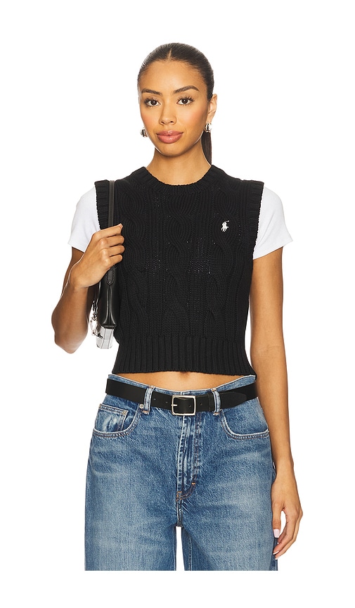 Cable-Knit Cotton Cropped Vest in Black. - size XS (also in L, M, S, XL)