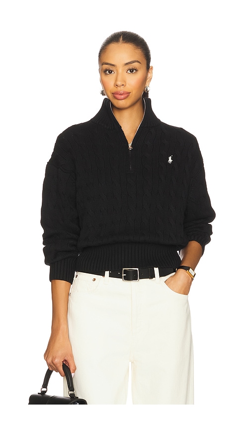 Cable-Knit Cotton Quarter-Zip Sweater in Black. - size XS (also in L, M, S, XL)