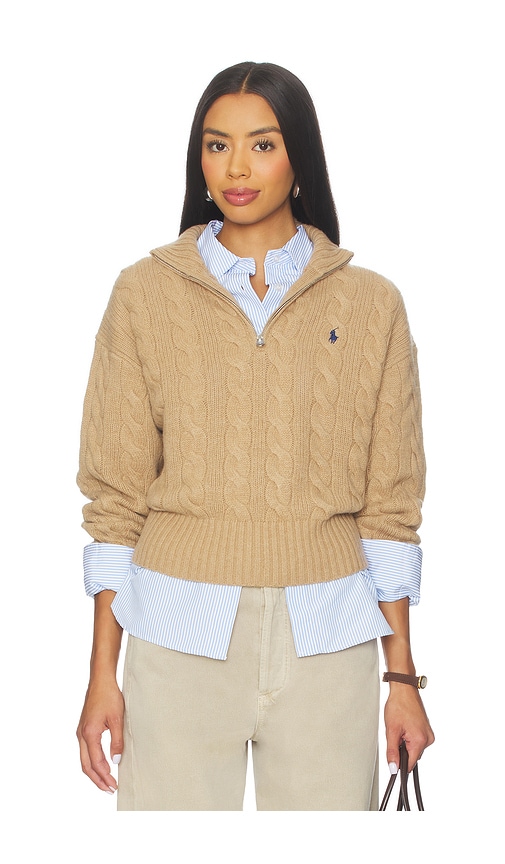 Polo Ralph Lauren Cable Wool Cashmere Half Zip Sweater in Collection Camel Melange