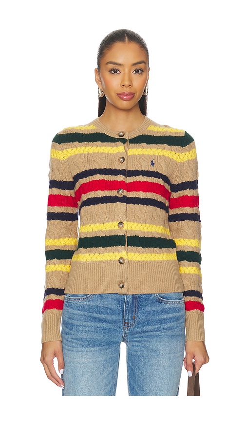 Polo Ralph Lauren Striped Cable Knit Cardigan With Ribbed Cuffs And Hem In Multi