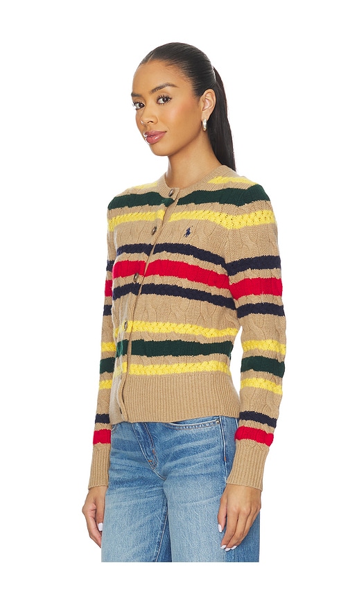Polo Ralph Lauren Striped Cable Knit Cardigan With Ribbed Cuffs And Hem In Multi