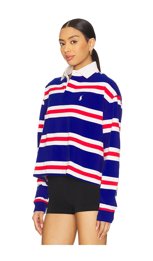 Polo Ralph Lauren Striped Cropped Jersey Rugby Shirt In Red White & Royal Blue