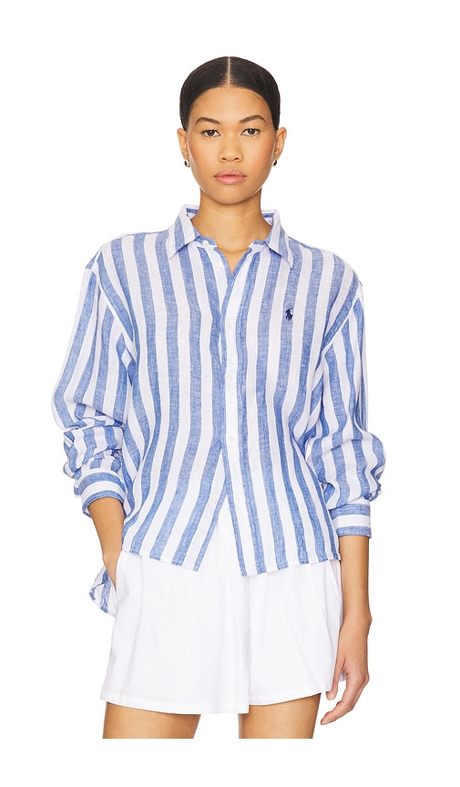 Polo Ralph Lauren Linen Long Sleeve Shirt in Blue & White