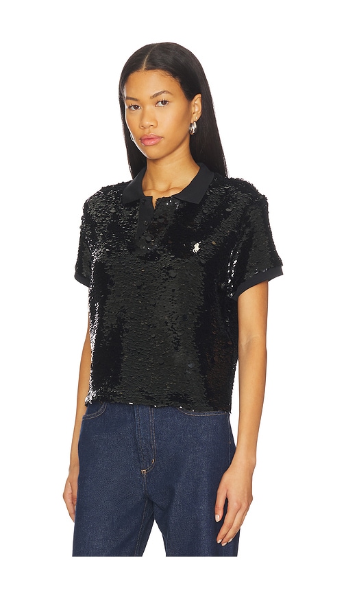 Polo Ralph Lauren Sequined Mesh Crop Polo Shirt In Black