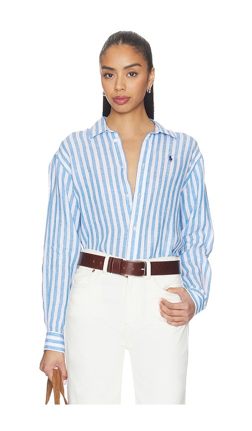 Polo Ralph Lauren Linen Long Sleeve Button Front Shirt in White Blue Multi