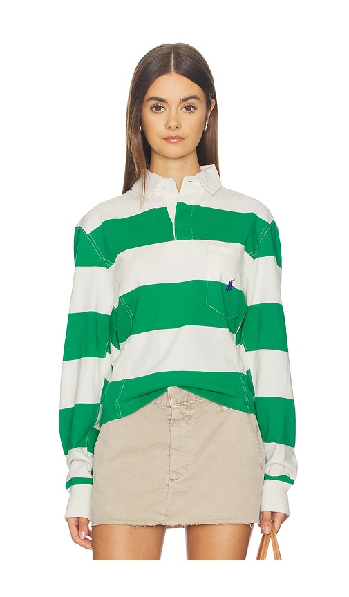 Polo Ralph Lauren Jersey Polo Top Billiard Green/deckwash White In Multi