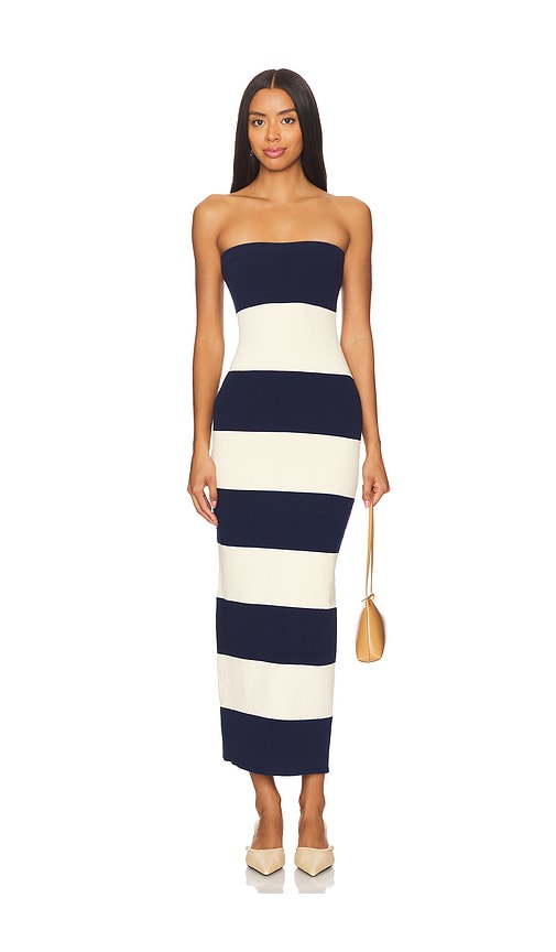 Shop Posse Theo Strapless Dress In Navy,cream