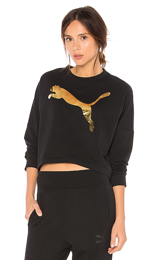 Puma Rebel Cropped Sweatshirt In Cotton Black Gold Print Revolve